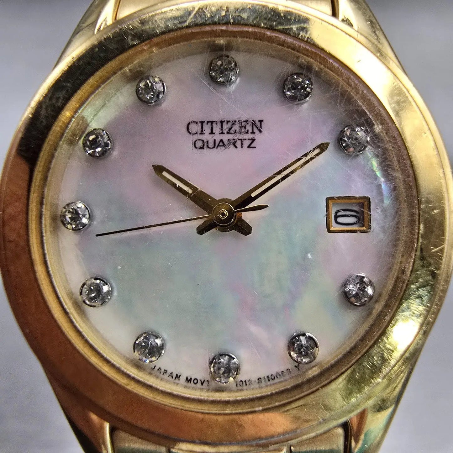 Citizen Watch Women 26mm MOP Dial Gold Tone Gemmed Date 1012-S075688 New Battery1
