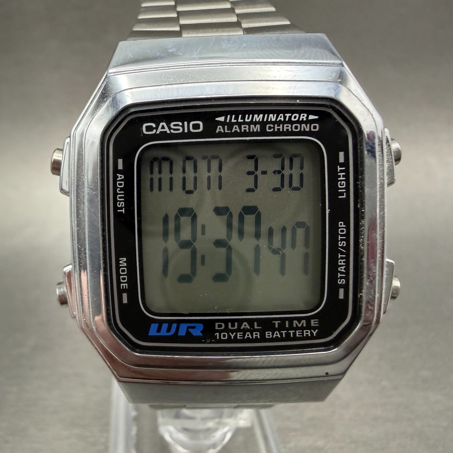 Casio Iluminator Digital Watch Men 34mm Silver Tone Alarm Chrono A178W New Batt0