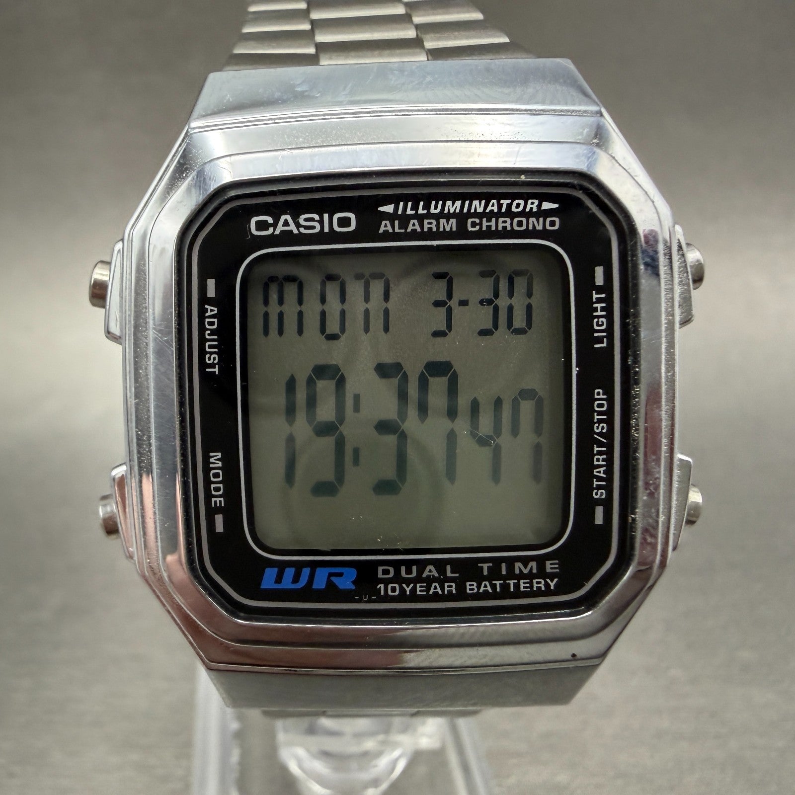 Casio Iluminator Digital Watch Men 34mm Silver Tone Alarm Chrono A178W New Batt0