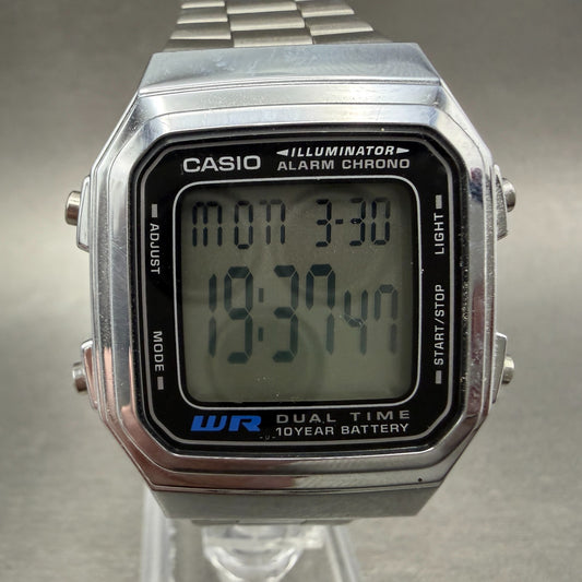 Casio Iluminator Digital Watch Men 34mm Silver Tone Alarm Chrono A178W New Batt0