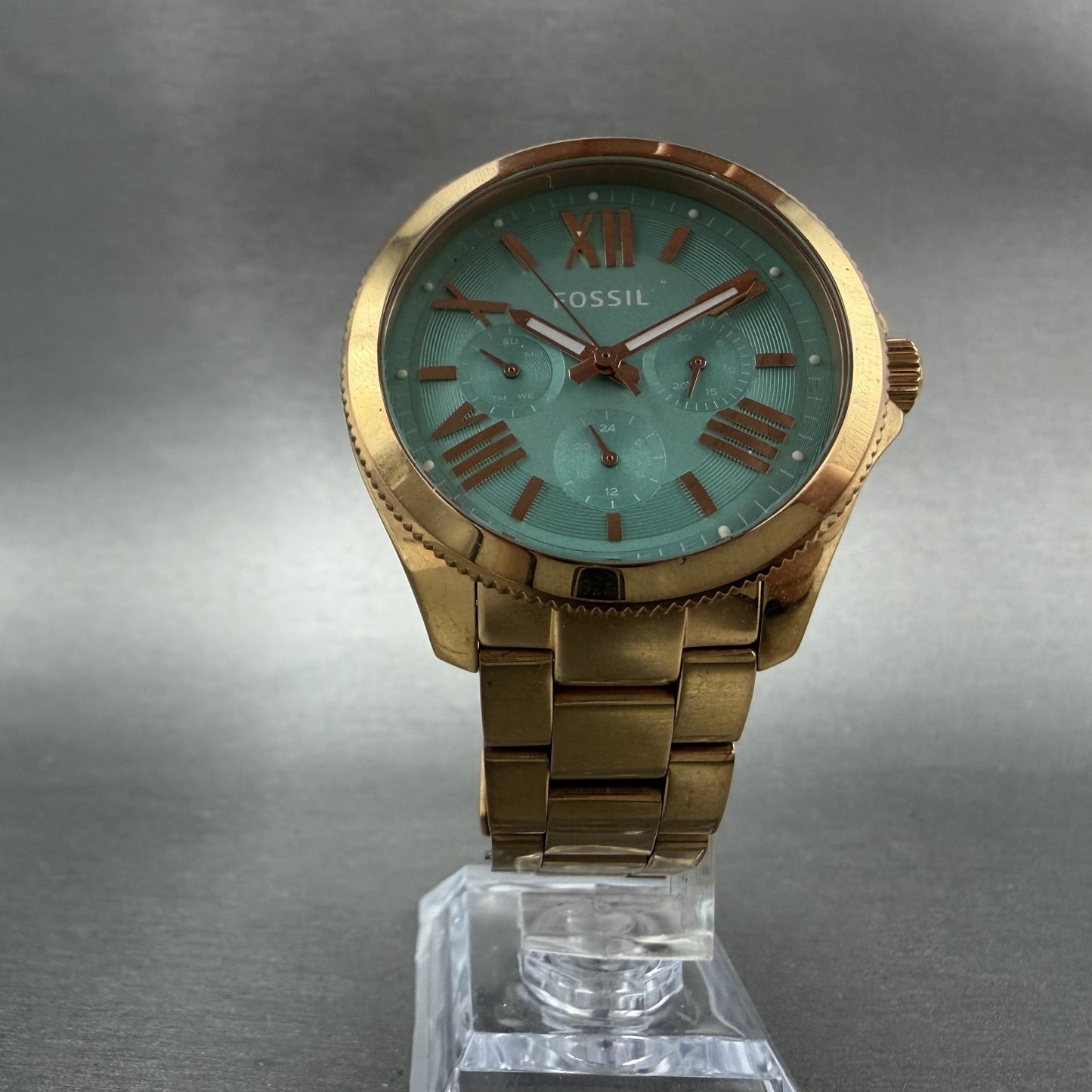 Fossil Cecile Watch Women 41mm Blue Dial Rose Gold Tone Daydate Round New Batt5