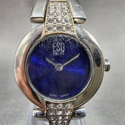 ESQ Tank Watch Women 23mm Blue Dial Silver Tone Crystal Bezel E5226 New Batt1