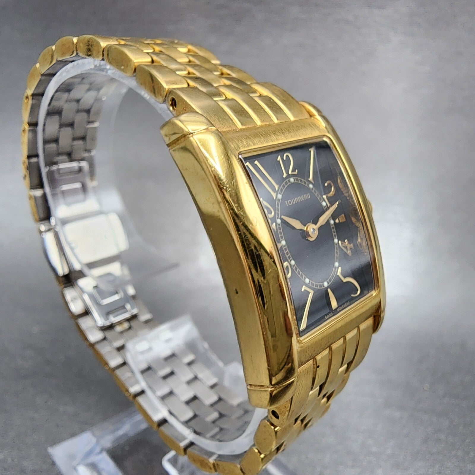 Tourneau Tank Watch Women 22mm Black Dial Gold Tone Rectangle READ New Battery3