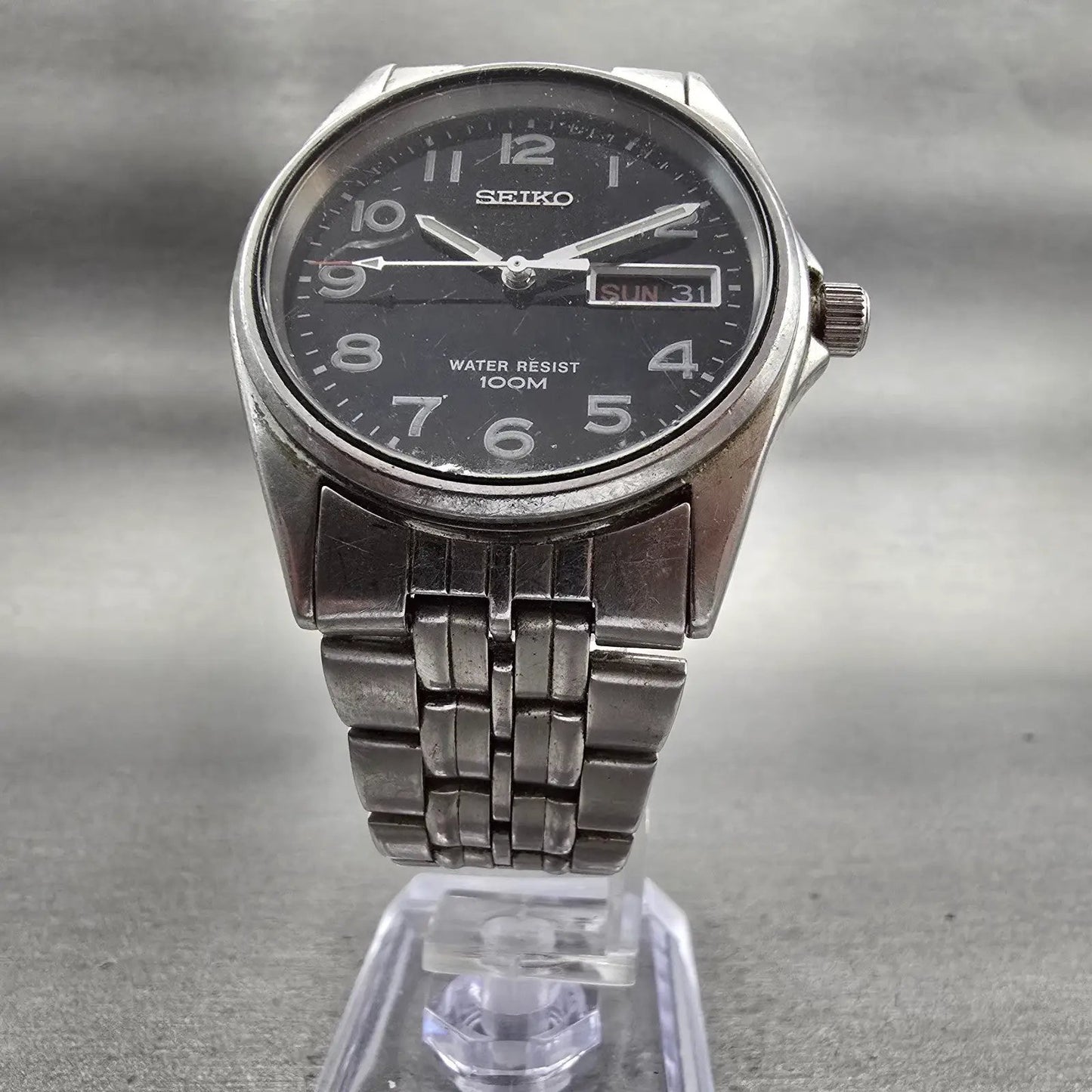Seiko Watch Men 35mm Black Dial Silver Tone Daydate Round 7N43-8329 New BatteryP5