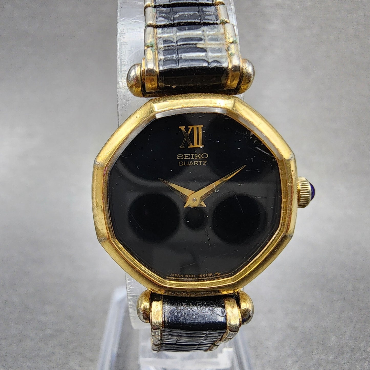 VTG Seiko Watch Women 17mm Black Dial Gold Tone Octagon 14005269 New Battery1