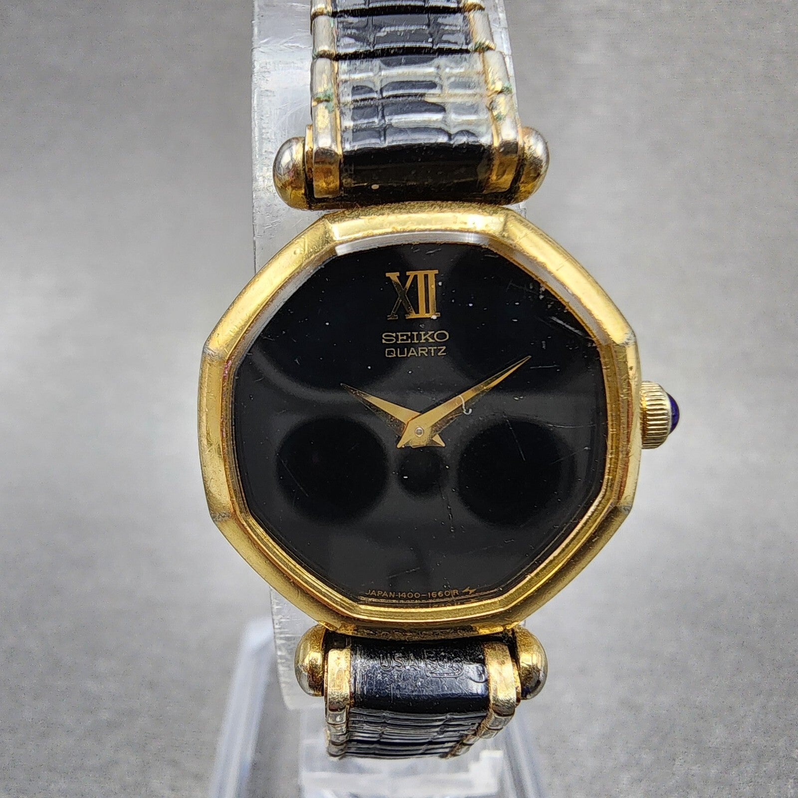 VTG Seiko Watch Women 17mm Black Dial Gold Tone Octagon 14005269 New Battery1