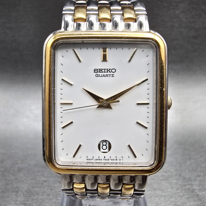 Seiko Tank Watch Men 26mm White Dial Two Tone Date Rectangle 7N22-5A10 New Batt0