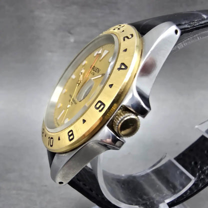 Gruen GMT Watch Men 39mm Gold Dial Two Tone Date Round 321-6M17 New Battery2