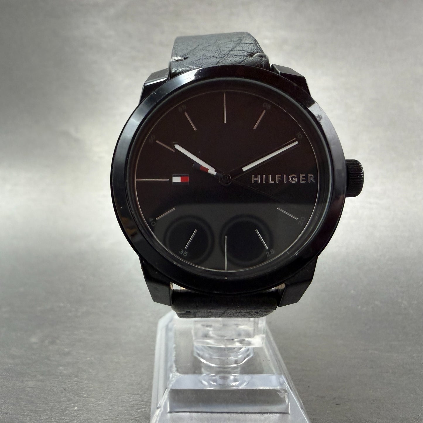 Tommy Hilfiger Watch Men 42mm Black Dial Black Tone Round Leather Band New Batt5
