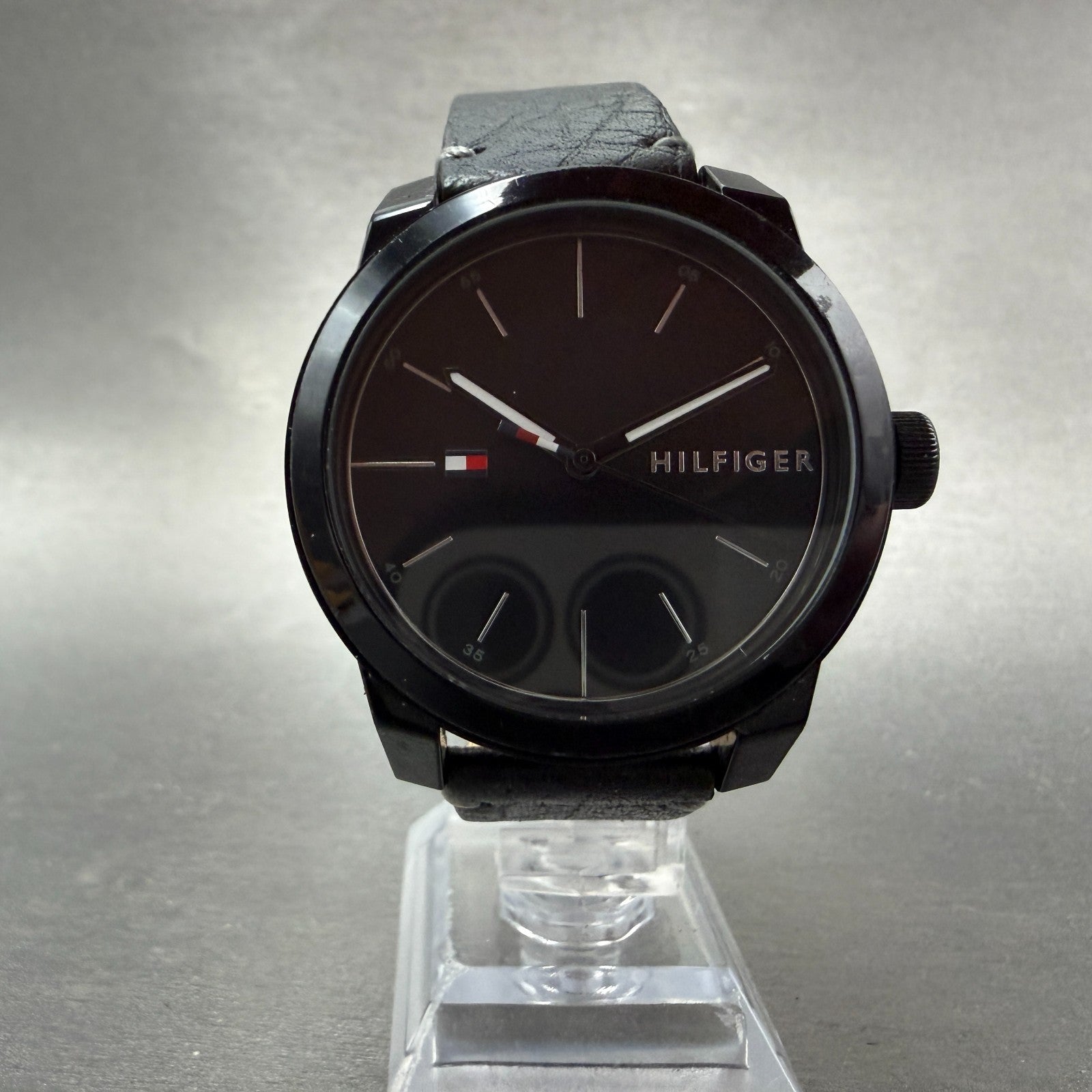 Tommy Hilfiger Watch Men 42mm Black Dial Black Tone Round Leather Band New Batt5
