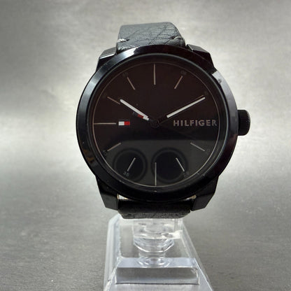 Tommy Hilfiger Watch Men 42mm Black Dial Black Tone Round Leather Band New Batt5