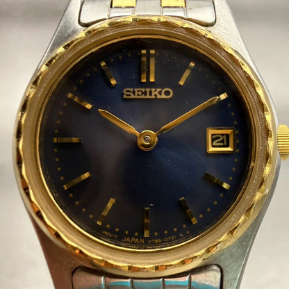 Seiko Watch Women 25mm Blue Dial Two Tone Date Round V789-0340 New Battery VTG1