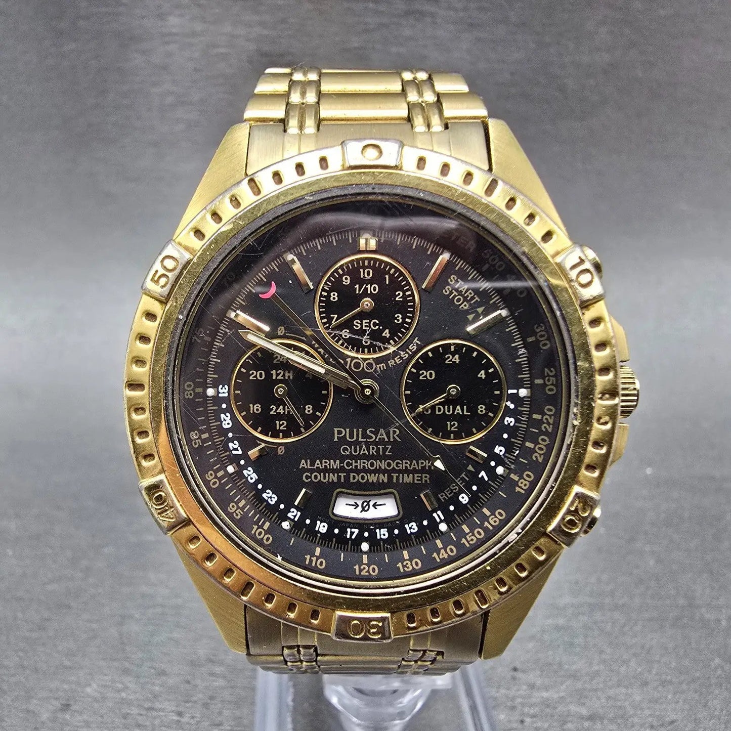 Seiko Pulsar Watch Men 40mm Black Dial Gold Tone Alarm Chronograph N944 PARTS0