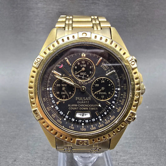 Seiko Pulsar Watch Men 40mm Black Dial Gold Tone Alarm Chronograph N944 PARTS0