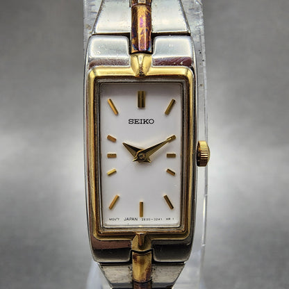 Seiko Tank Watch Women 13mm White Dial two Tone Rectangle 2E200AY0 New Battery1
