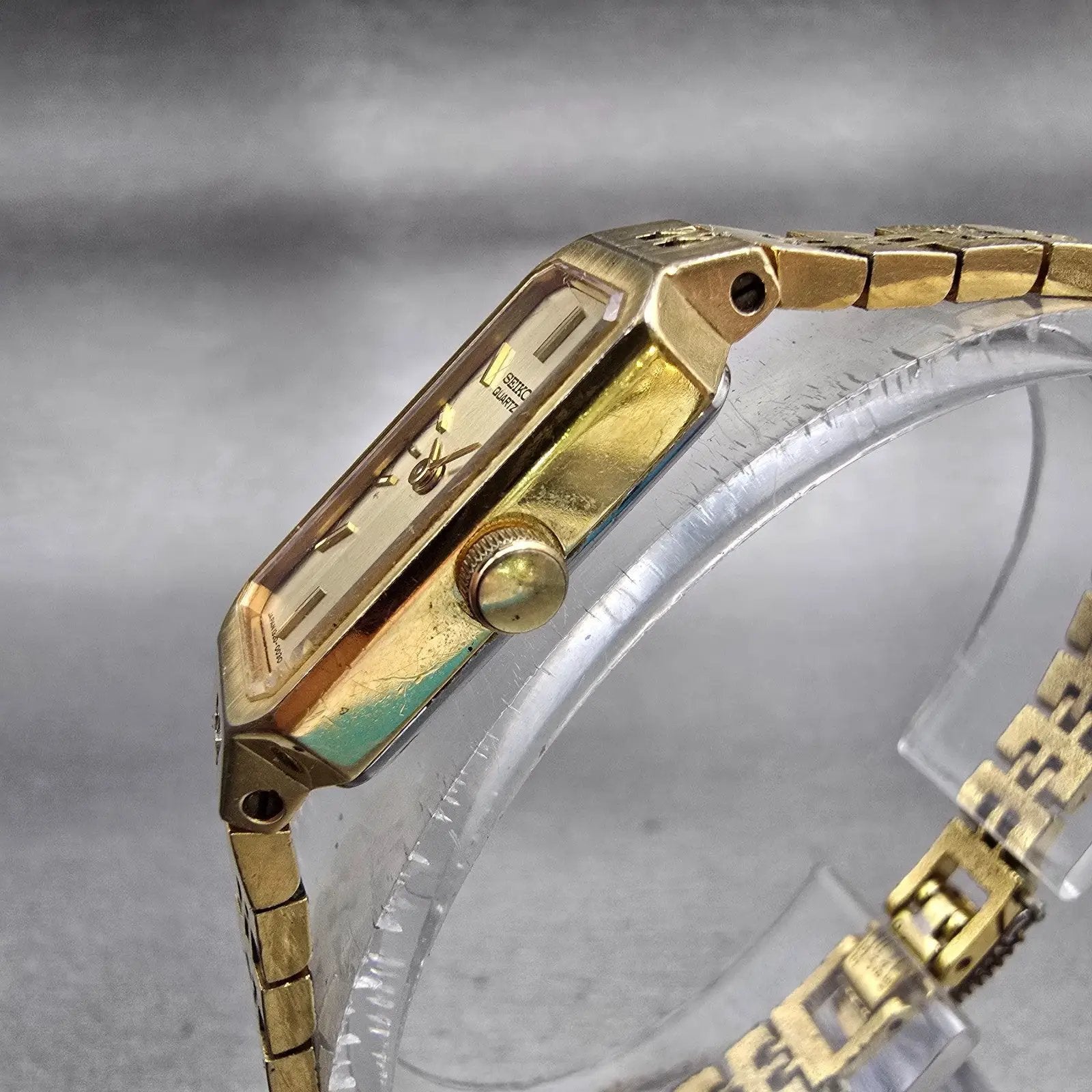 Seiko Watch Women 12mm Gold Dial Gold Tone Rectangle 1320-5029 New Battery VTG2