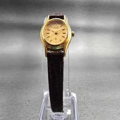 Citizen CQ Watch Women 18mm Gold Dial Gold Tone Oval 5930 New Battery Vintage5