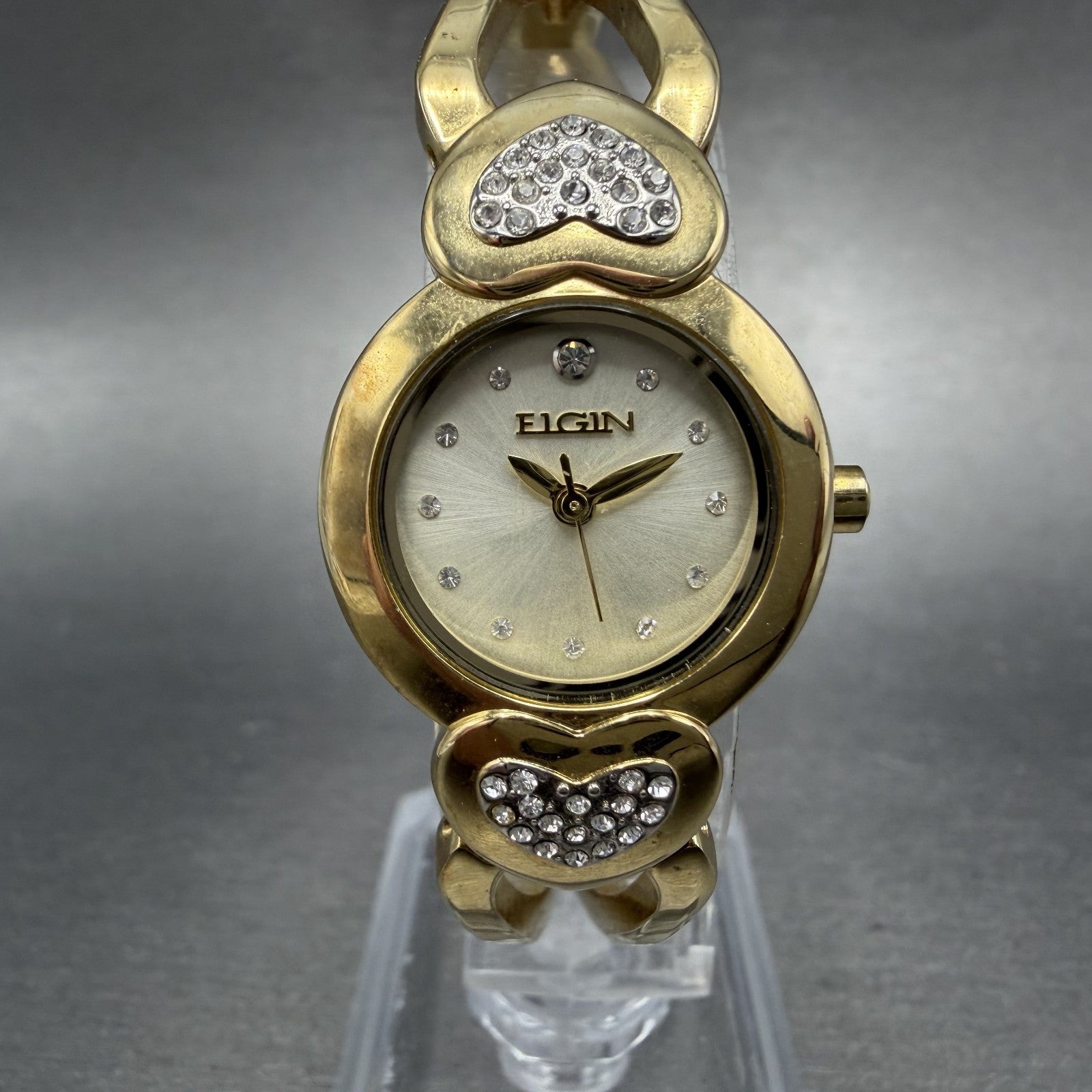 Elgin Watch Women 22mm Champagne Dial Gold Tone Hearts Crystals New Battery0