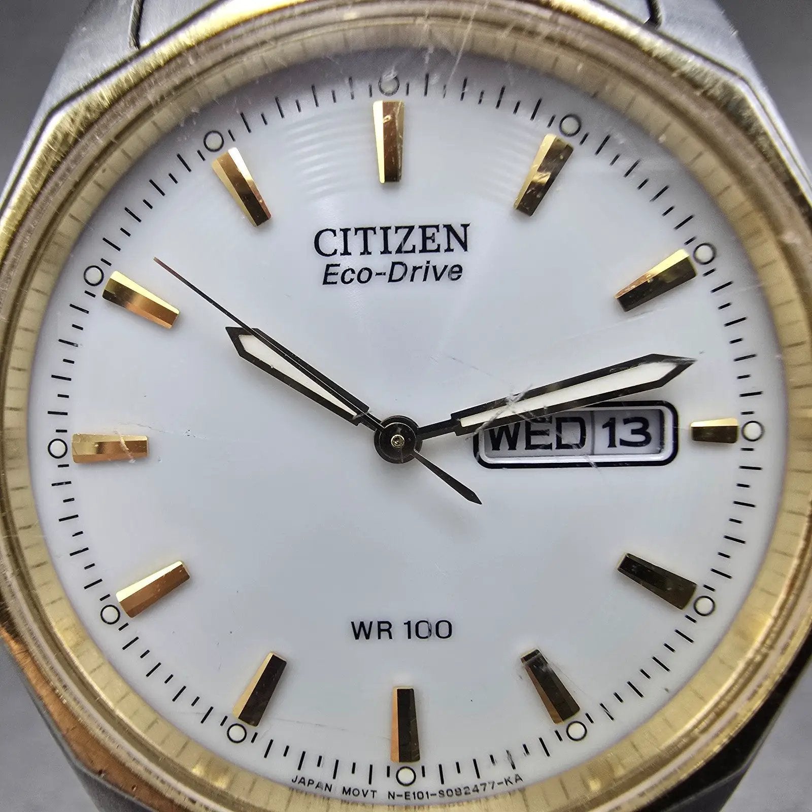 Citizen Eco-Drive Watch Men 37mm White Dial Two Tone Dayedate E101-S053439 Runs1