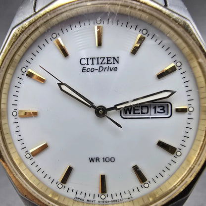 Citizen Eco-Drive Watch Men 37mm White Dial Two Tone Dayedate E101-S053439 Runs1
