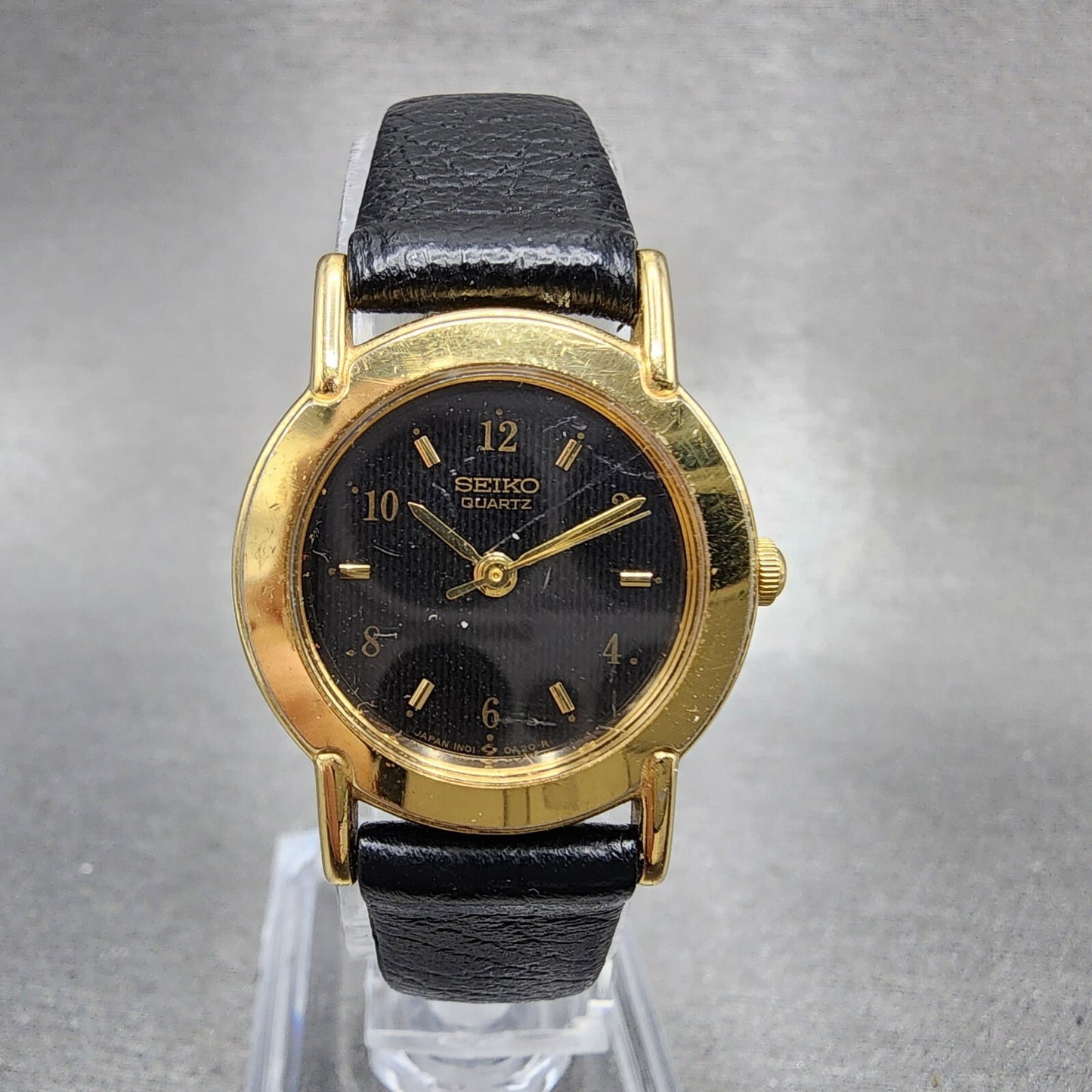 VTG Seiko Watch Women 22mm Black Dial Gold Tone Round 1N010A19 New Battery0