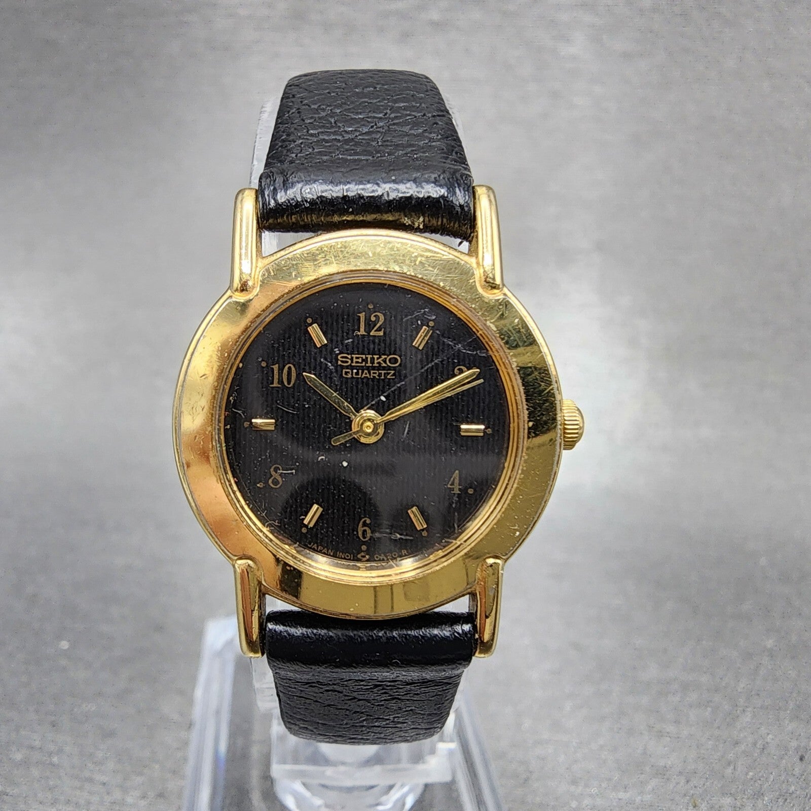 VTG Seiko Watch Women 22mm Black Dial Gold Tone Round 1N010A19 New Battery0