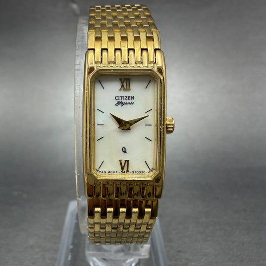Citizen Elegance Tank Watch Women 14mm MOP Dial Gold Tone 5421-S26232 New Batt0
