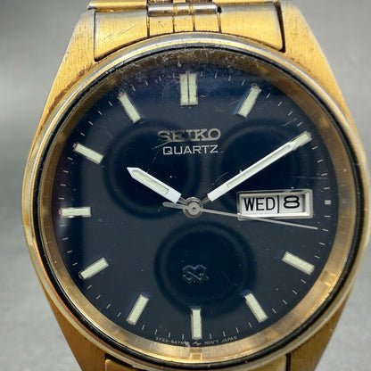Seiko SQ Watch Men 35mm Blue Dial Gold Tone Daydate Round 5Y23-8A11 PARTS VTG2