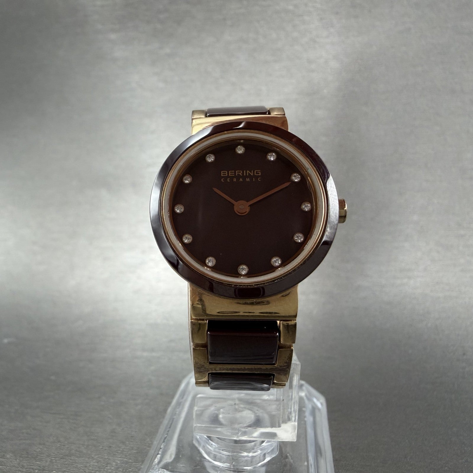Bering Ceramic Watch Women 25mm Brown MOP Dial Rose Gold Tone Round New Battery5