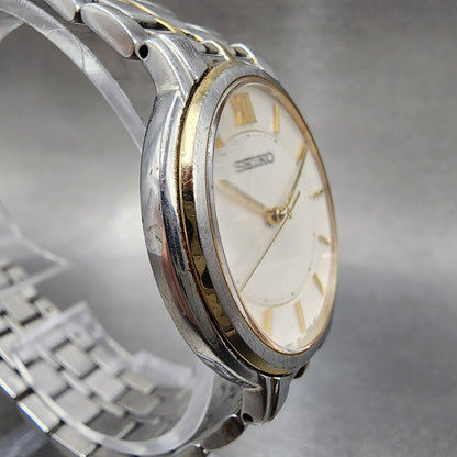 Seiko Watch Men 32mm White Dial Two Tone Round 7n010bc0 New Battery3