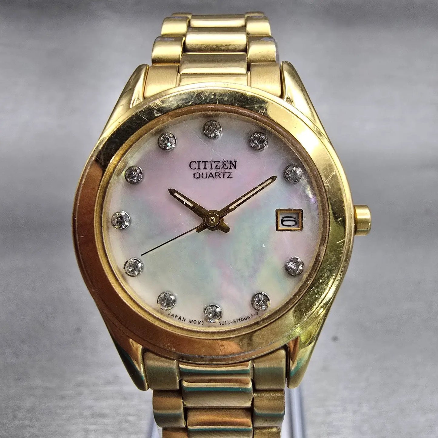 Citizen Watch Women 26mm MOP Dial Gold Tone Gemmed Date 1012-S075688 New Battery0