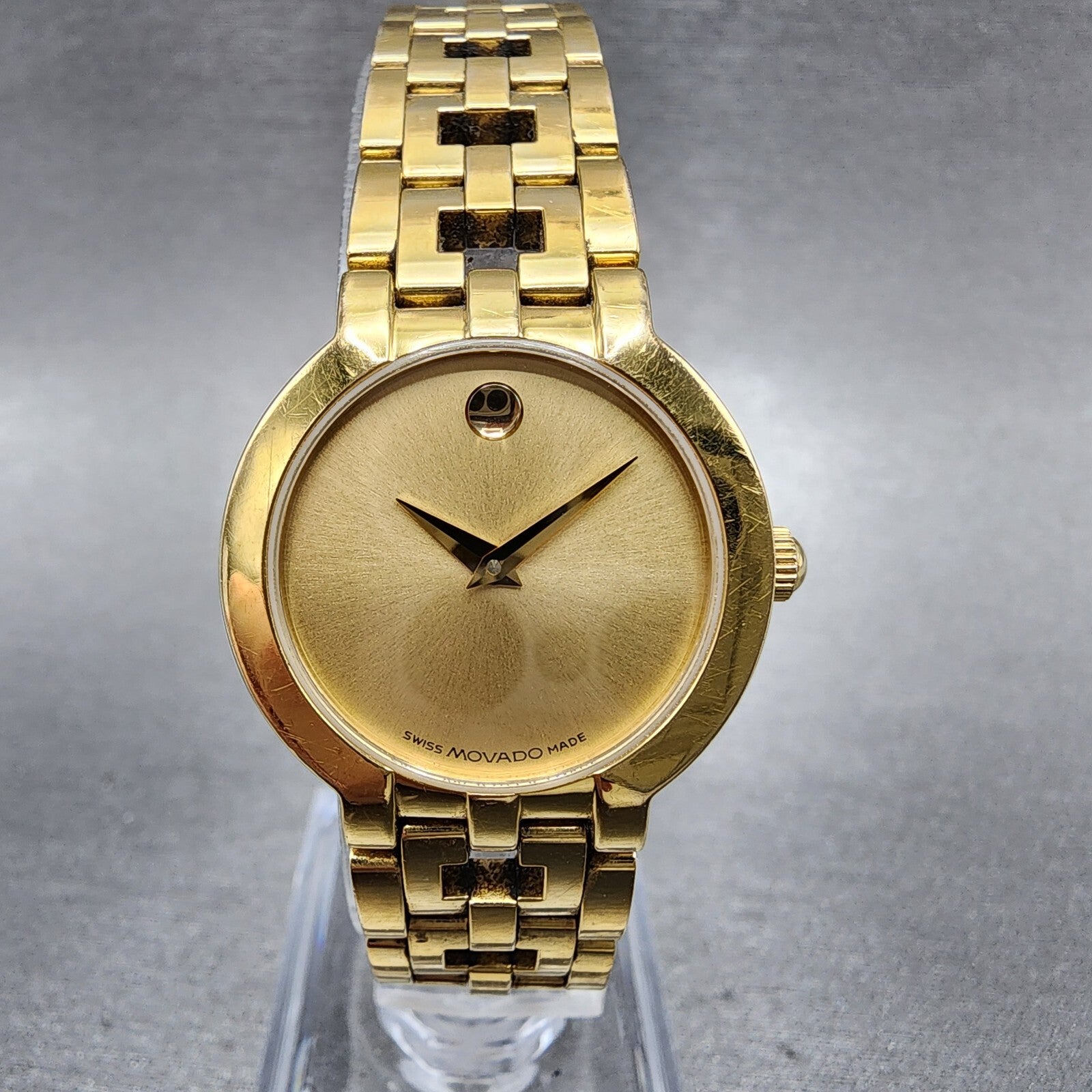 Movado Estimo Watch Women 25mm Gold Dial Gold Tone Round 604887 New Battery0