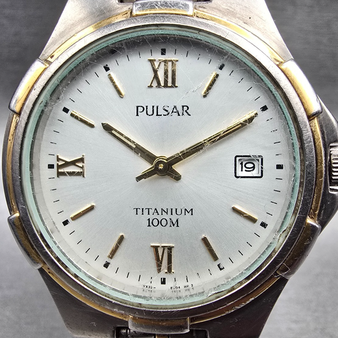 Pulsar Watch Men 35mm White Dial Titanium Date Round VX32-X253 New Battery JP1