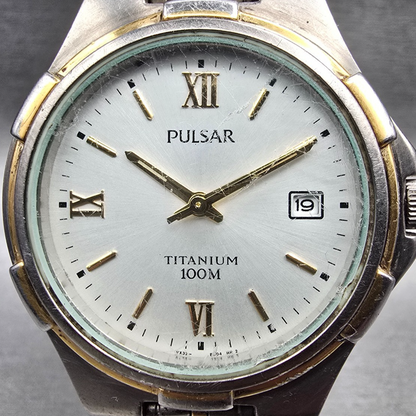 Pulsar Watch Men 35mm White Dial Titanium Date Round VX32-X253 New Battery JP1