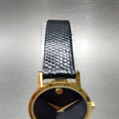 Movado Museum Watch Women 25mm Blue Dial Gold Plated Round Lizard Band New Batt4