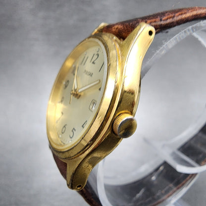 Pulsar Watch Women 27mm Champagne Dial Gold Tone Date Round V7820320 New Batt2