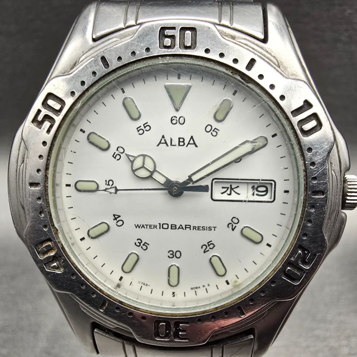 Seiko Alba Watch Men 41mm White Dial Silver Tone Daydate Round V743-8B60 New Bat1