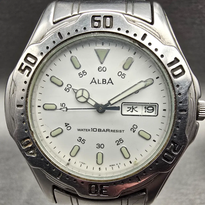 Seiko Alba Watch Men 41mm White Dial Silver Tone Daydate Round V743-8B60 New Bat1