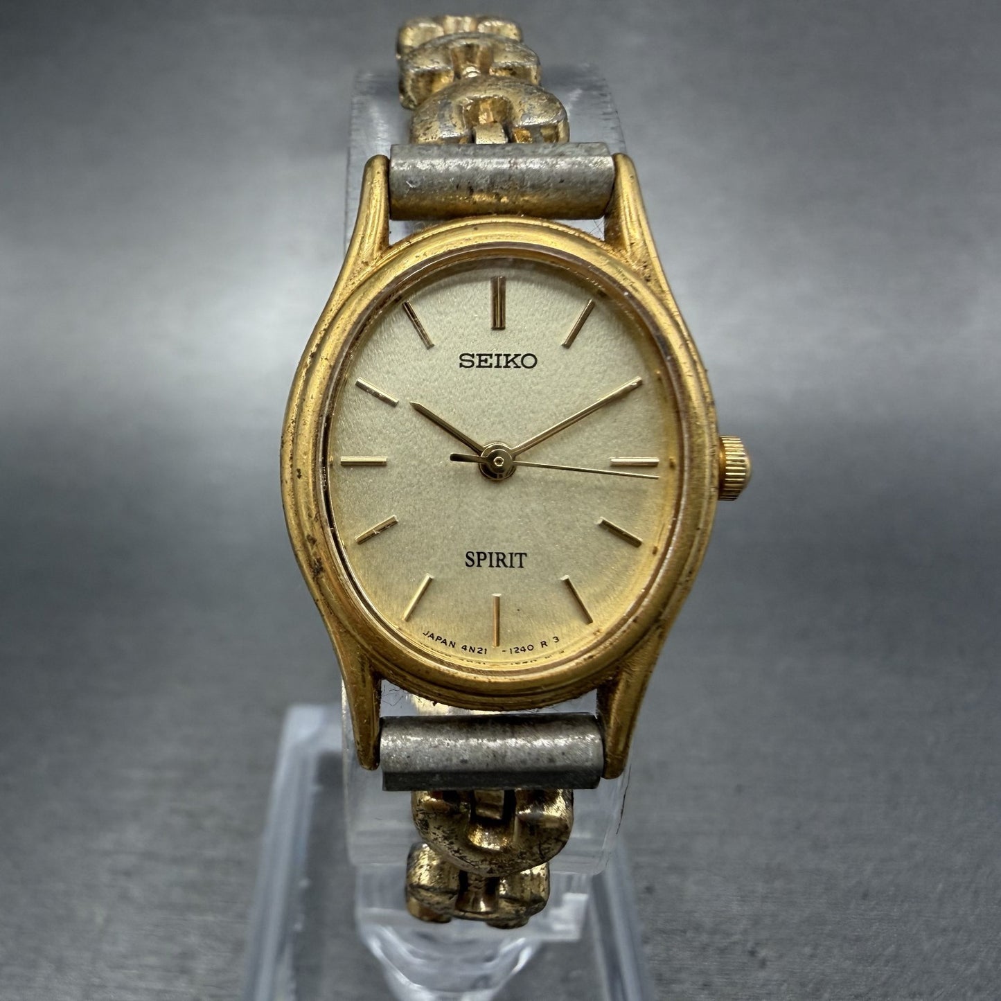 Seiko Spirit Watch Women 19mm Champagne Dial Gold Tone Oval 4N21-5200 NewBattery0