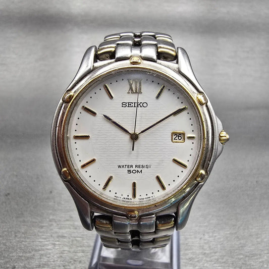 Seiko Watch Men 35mm White Dial Two Tone Date Round 7N32-0049 New Battery VTG0