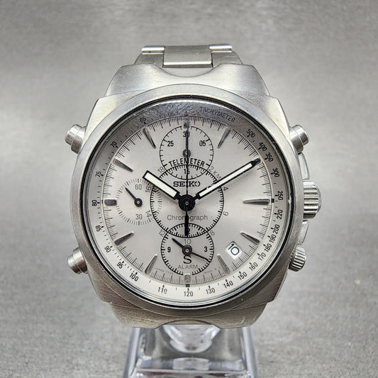 Seiko Chronograph Watch Men 38mm Gray Dial Silver Tone Date 7t32-9000 New Batt