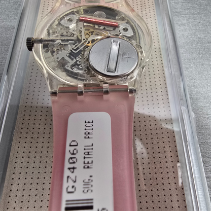 Swatch MoMA Red Watch Men 34mm Silver Dial Clear Case GZ406D New Battery NOS14