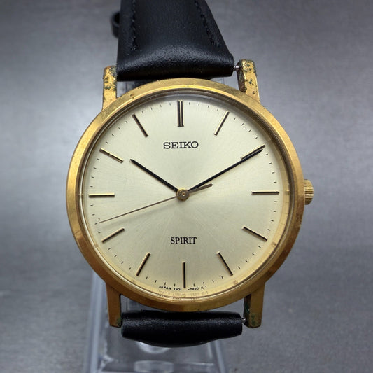 Seiko Spirit Watch Men 32mm Champagne Dial Gold Tone 7N01-7060 New Battery TYH0