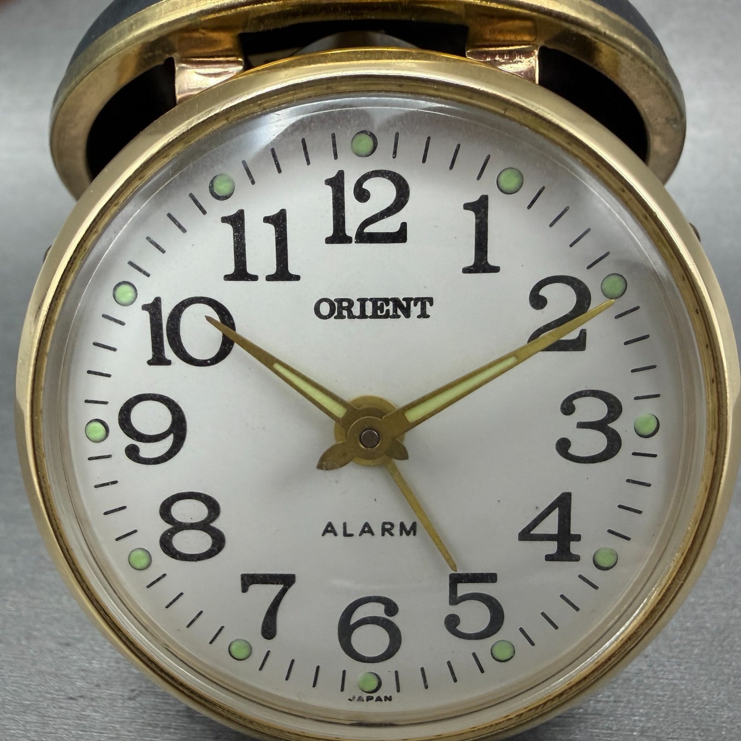 Orient Travel Alarm White Dial Gold Tone Brown Case Manual Wind Runs VTG1