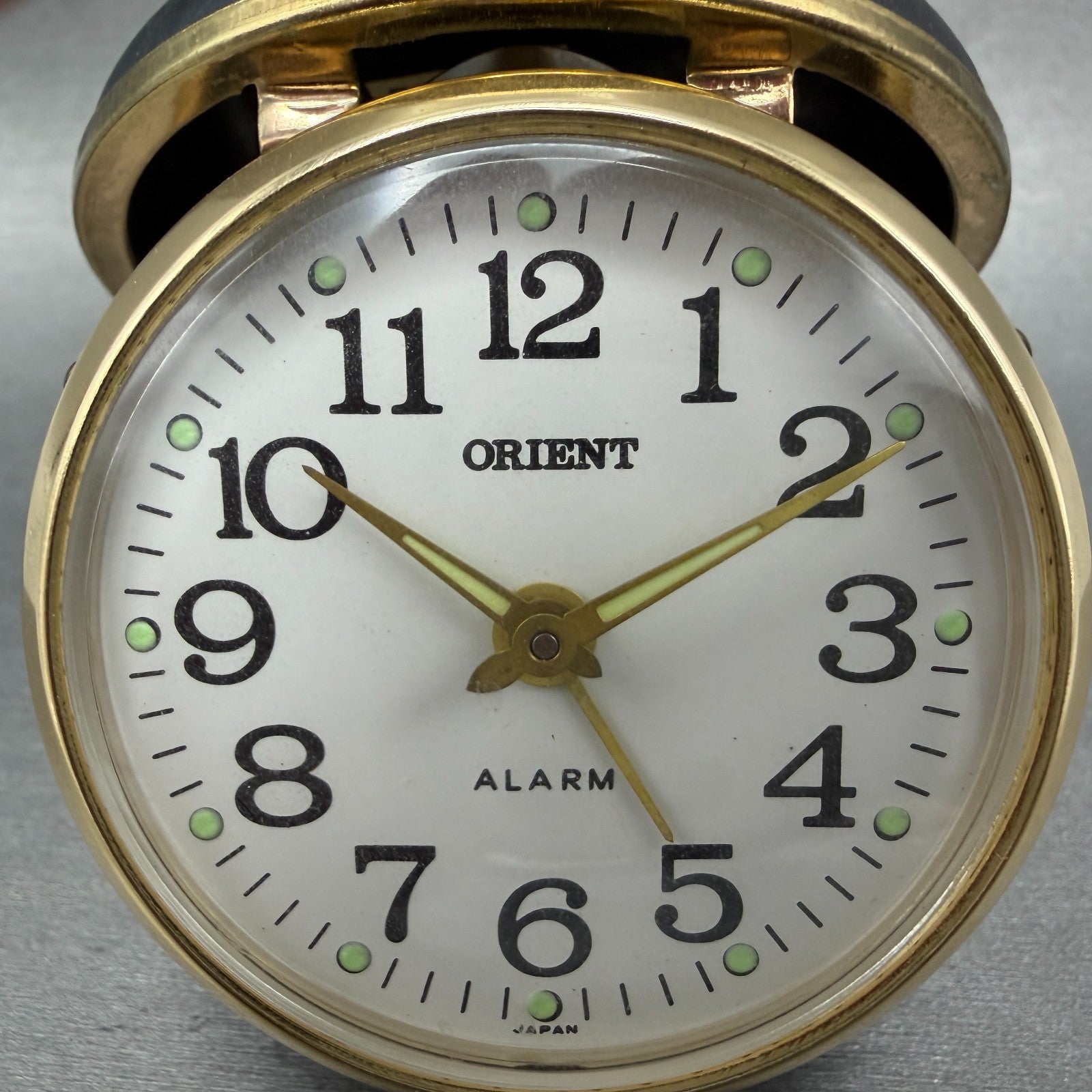 Orient Travel Alarm White Dial Gold Tone Brown Case Manual Wind Runs VTG1