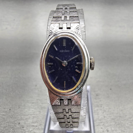 Seiko Watch Women 16mm Blue Dial Silver Tone Oval 1100-5319 Manual Runs VTG0
