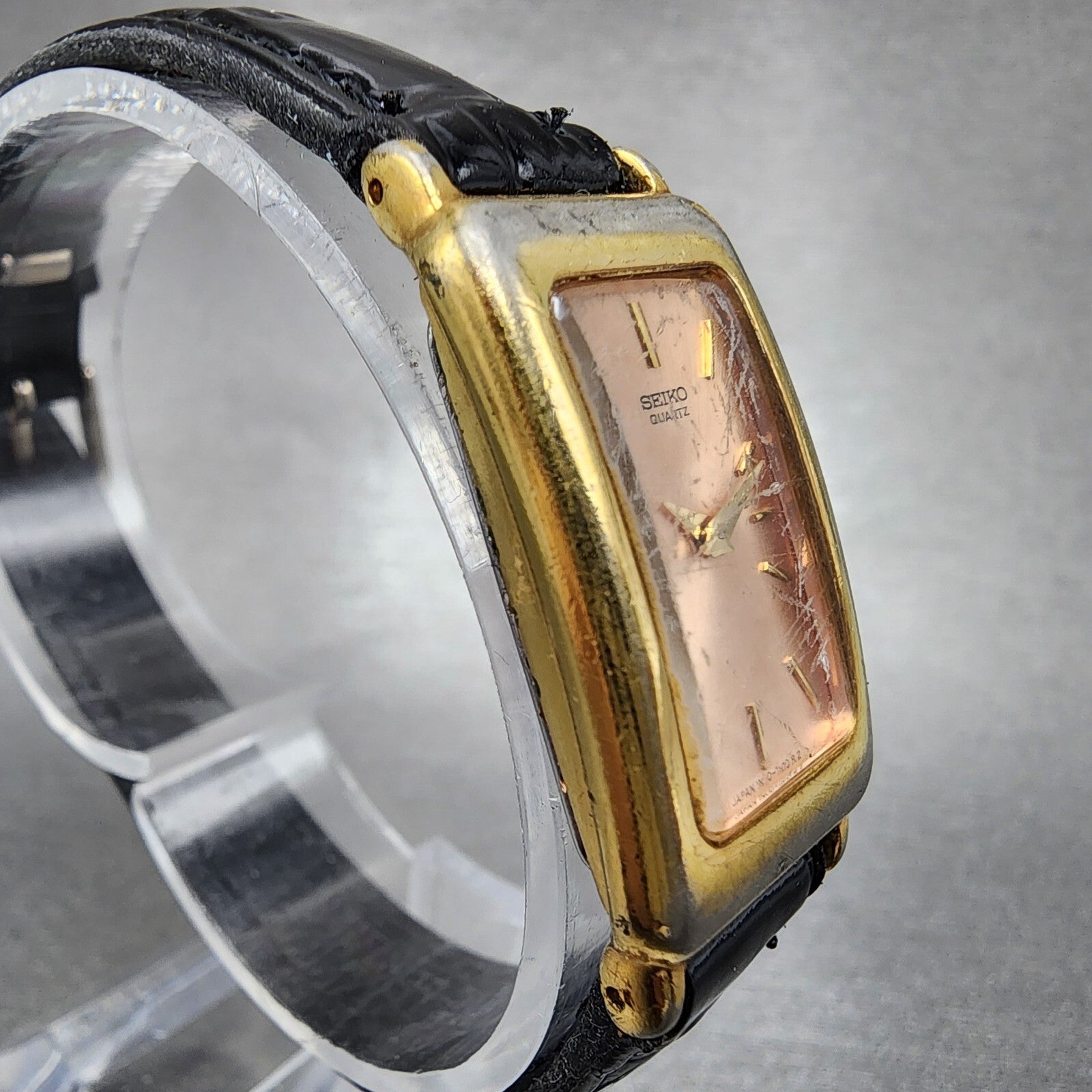 VTG Seiko Tank Watch Women 17mm Pink Dial Gold Tone Rectangle 1N005C99 New Batt3