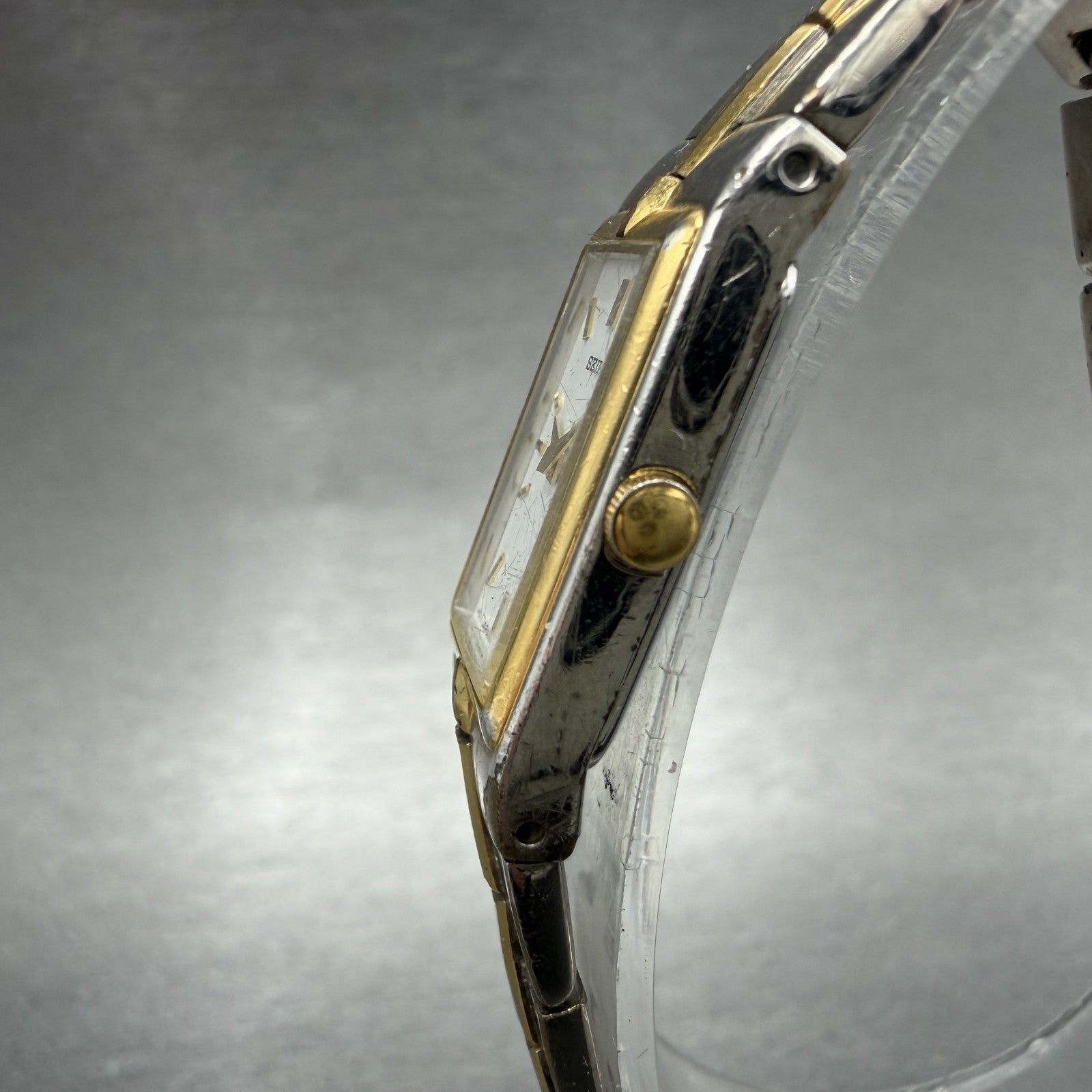 Seiko Watch Women 13mm White Dial Two Tone Rectangle 2E20-7479 New Batt C3212