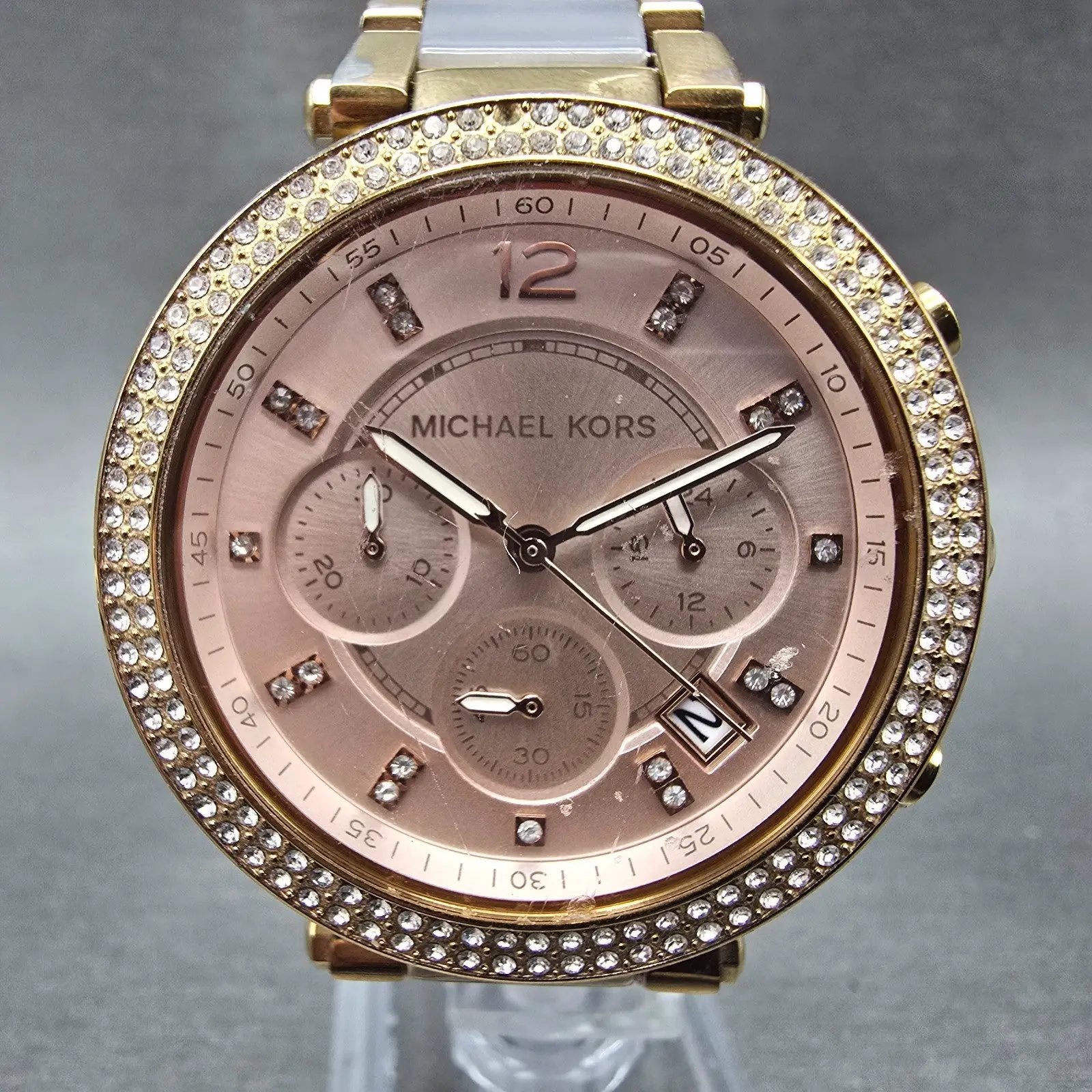 Michael Kors Parker Chronograph Watch Women 39mm Pink Dial Rose Gold Tone NewBat0