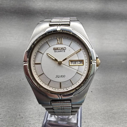 Seiko SQ Watch Men 36mm Silver Dial Silver Tone Daydate Round 5Y23-7029 New Batt0